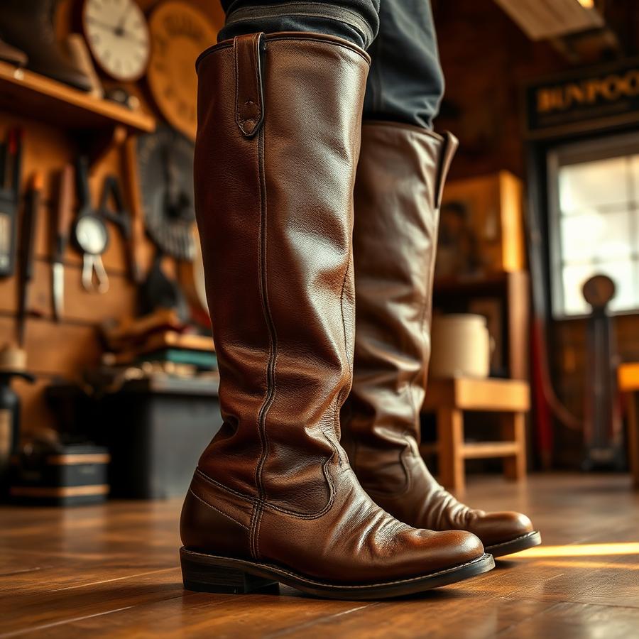 Tall brown leather boots after resewing and conditioning